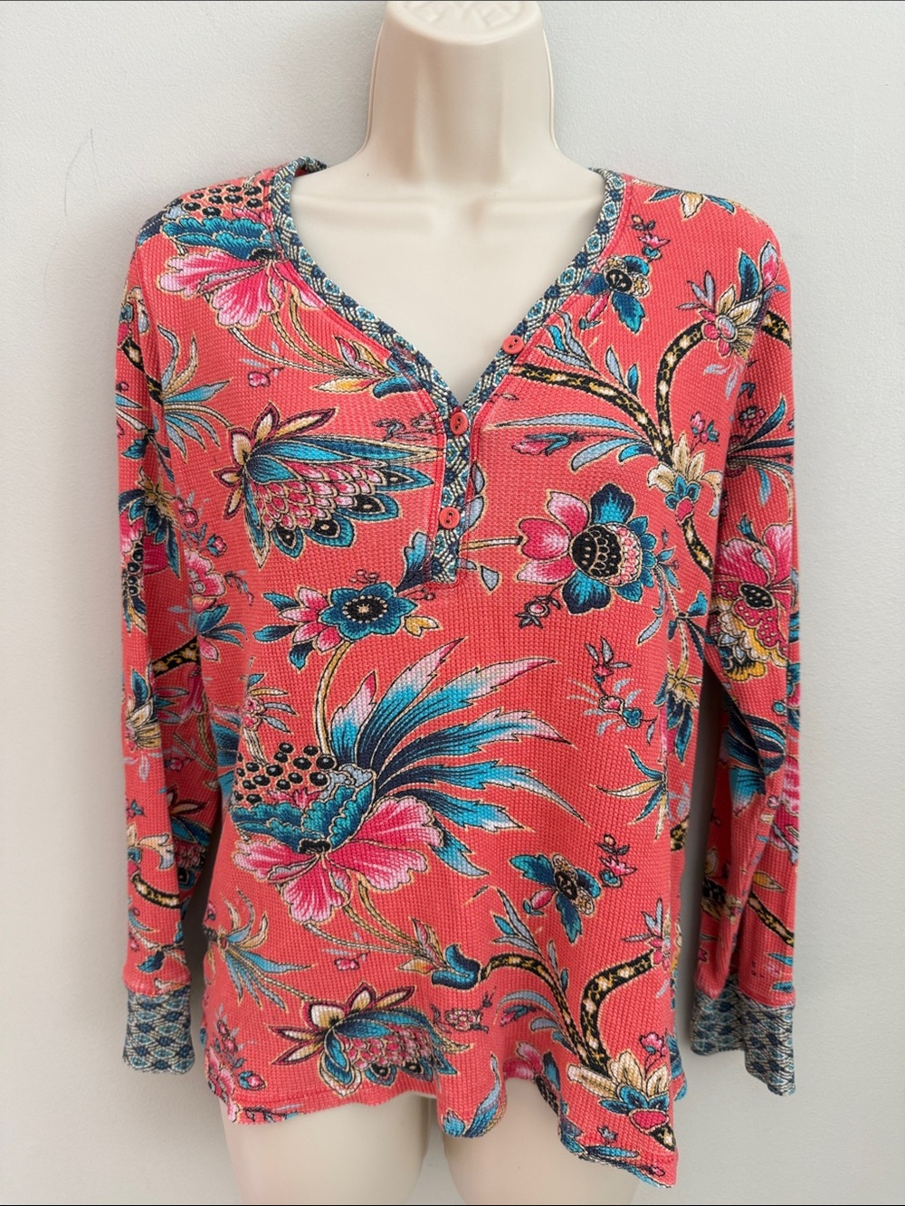 Sundance Coral Floral Henley Long Sleeve Top with Teal Accents
